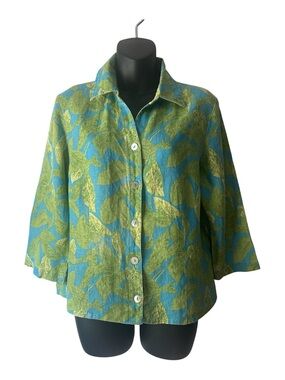Vintage Ivy Women’s Green & Teal Leaf Print Linen Button-Up Top Size M